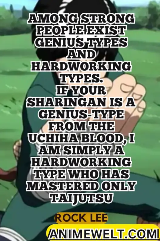 Among strong people exist genius types andhardworking types.If your sharingan is a genius type from the Uchiha blood, I am simply a hardworking type who has mastered only taijutsu.